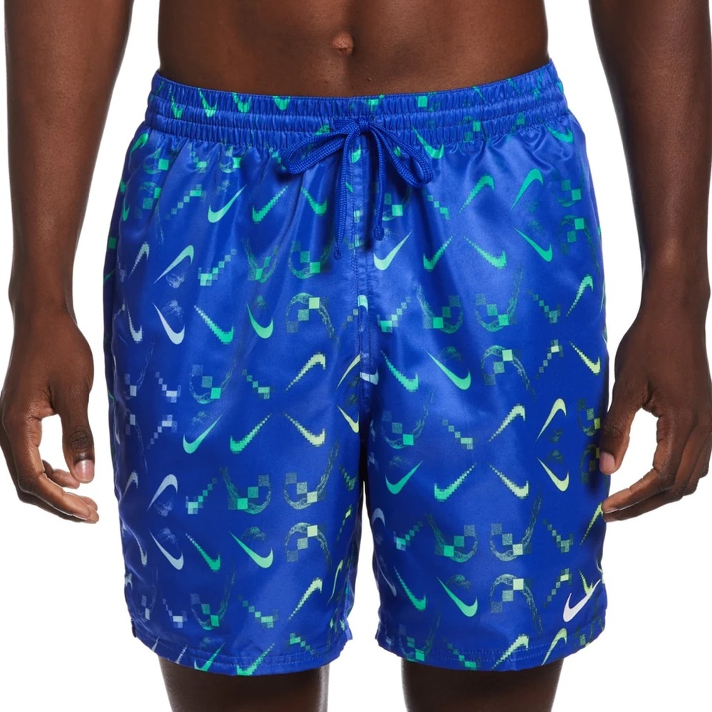 NEW Nike Men's 7" Blue Print Swoosh Swim Trunks- Size XXL